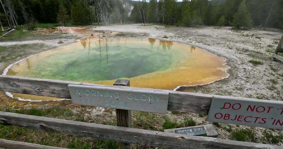 Morning Glory Pool In Yellowstone National Park, Wyoming, USA. Do Not Throw Objects Into The Hot Springs. Tourist POV From Viewing Platform.