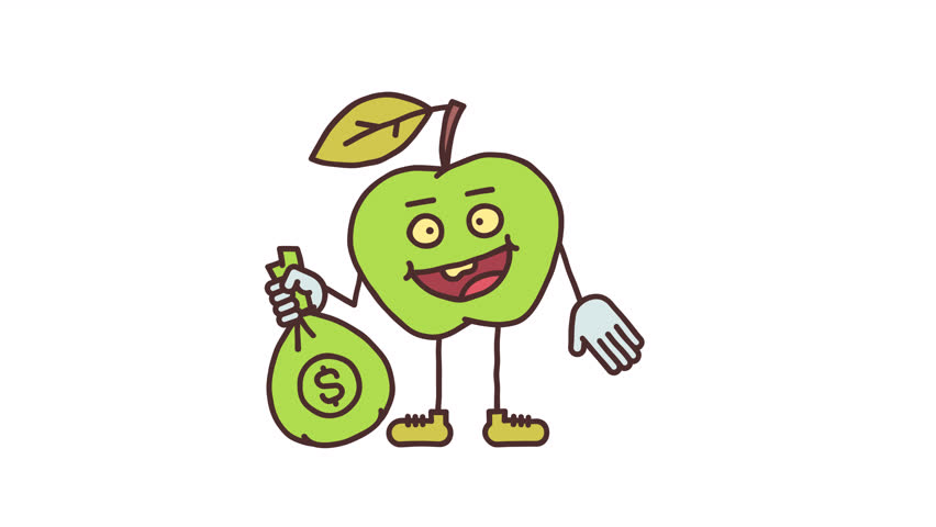Apple character holding bag with money and smiling. Transparent background. Looped animation