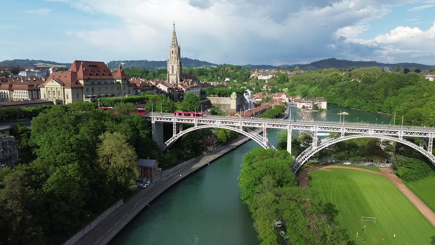 Bern Kirchenfeldbrücke bridge with trams and river Aare during Spring Summer Switzerland