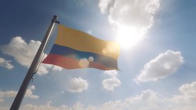 Colombia Flag waving on a Flagpole with a cloudy blue sky background - Powered by Shutterstock - Get 15% off with code: PIKWIZARD15