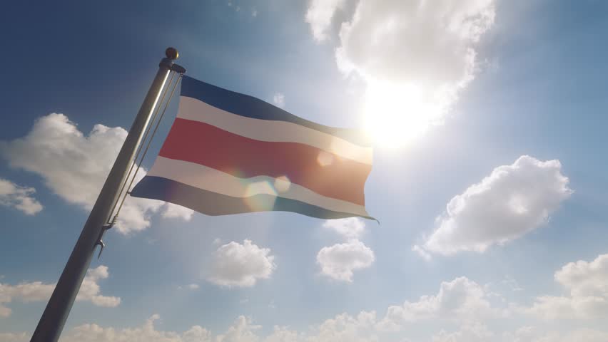 Costa Rica Flag waving on a Flagpole with a cloudy blue sky background