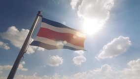 Costa Rica Flag waving on a Flagpole with a cloudy blue sky background - Powered by Shutterstock - Get 15% off with code: PIKWIZARD15