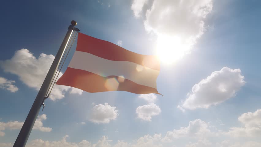 Austria Flag waving on a Flagpole with a cloudy blue sky background