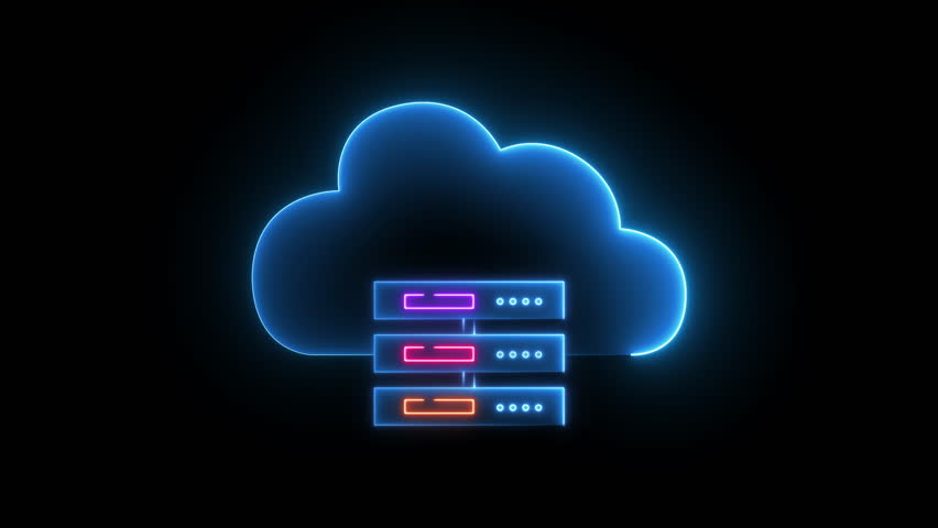 Cloud technology concept for data management system, online database storage, networking and internet service. Information system for business. Animated cloud computing icon on black background.