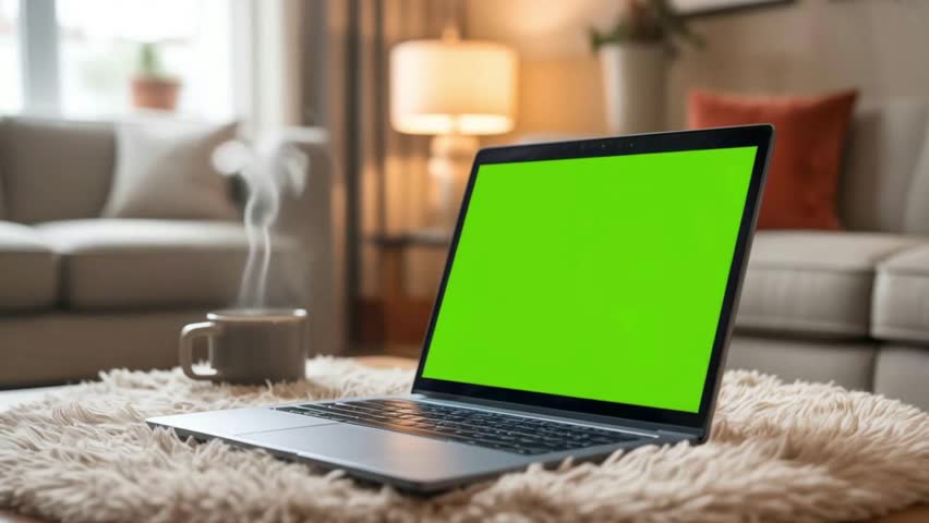 A laptop with a green screen placed on a soft carpet in a cozy living room with a steaming coffee mug in the background. Ideal for chroma key mockups, online work themes, remote office setups, and dig