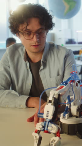 Science and Engineering Lesson: Elementary School Student Studying Model of Robotic Arm. Teacher Educating Smart Young Boy in Modern Classroom. Interactive Learning and STEM Education. Vertical Shot.