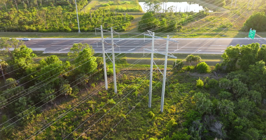 Electrical transmission lines stretch over freeway lanes with traffic below. High voltage towers as part of utility infrastructure.