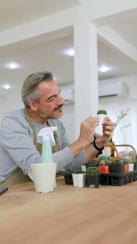 Gentle Mature Adult Man caring and wipe cactus at home. Beard Senior male holding and looking at his cactus pot plant. Small Business, entrepreneur	

