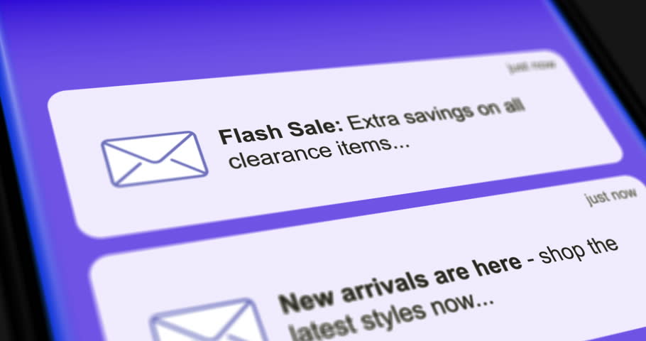 Flash sale, promotion and marketing emails, incoming messages on smartphone screen, advertisement sms, list of scrolling messages, footage