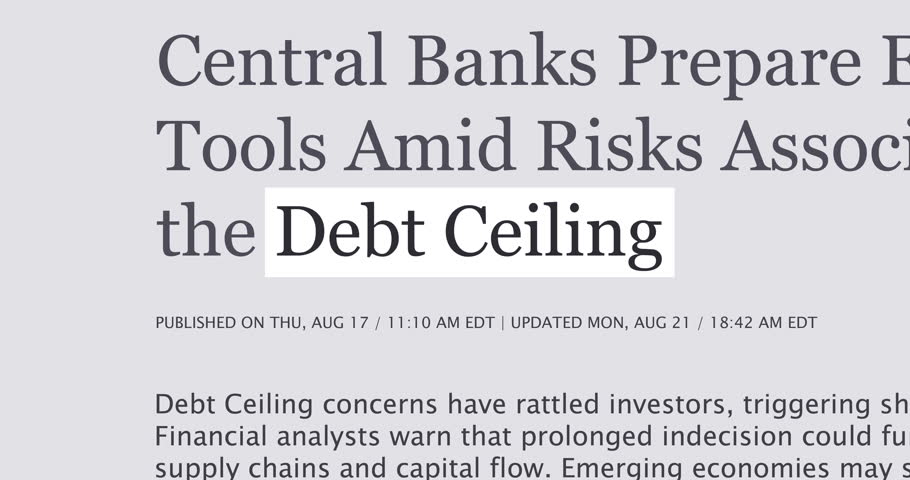 Debt Ceiling in the news overview titles across media, changing newspaper headlines sequence about debt limit theme, loop footage