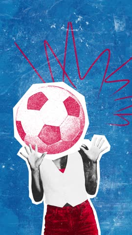 Modern ad video. Emotional person with red soccer ball instead of head shouting of joy against blue background. Concept of sport events. Textured effect. Trendy magazine style.