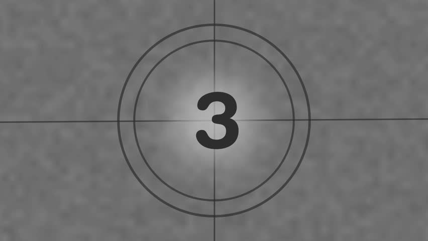 3 seconds vintage film countdown on faded grey background. Three seconds countdown timer from 3 to 0 on vintage film background. Old Film Leader with Sound Countdown animation
