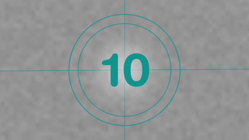10 seconds vintage film countdown on faded grey background. Ten seconds countdown timer from 10 to 0 on vintage film background. Old Film Leader with Sound Countdown animation
