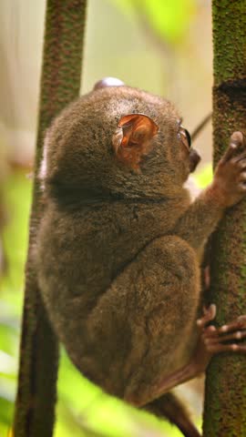The unique and cute looking Tarsier. Shot on Bohol Philippines. Vertical Video.