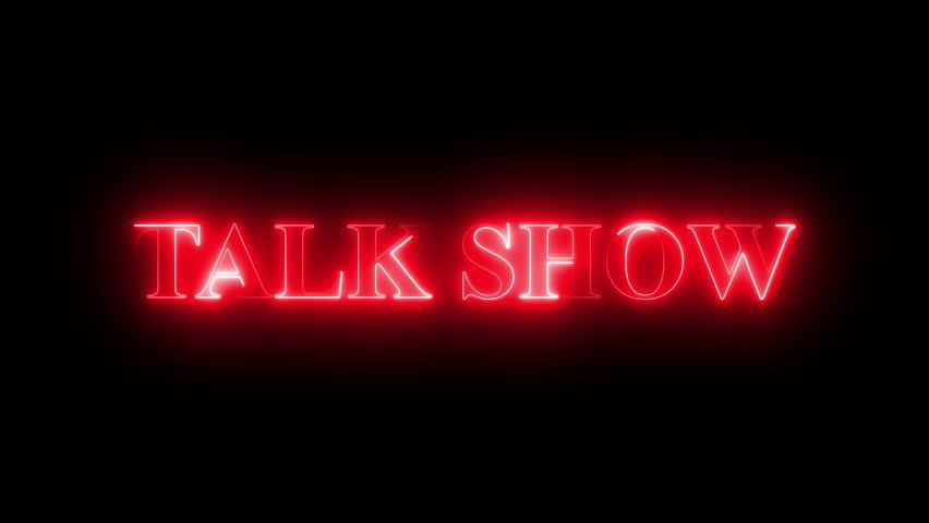 Neon talk show text glowing on dark background, illuminated title animation for media, podcast, or entertainment show, modern digital signage with vibrant electric light effect
