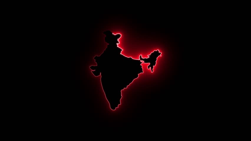 Neon glowing India map icon animation on dark background, digital outline of Indian subcontinent, ideal for technology themes, geographic visuals, patriotic designs, and futuristic interface graphics