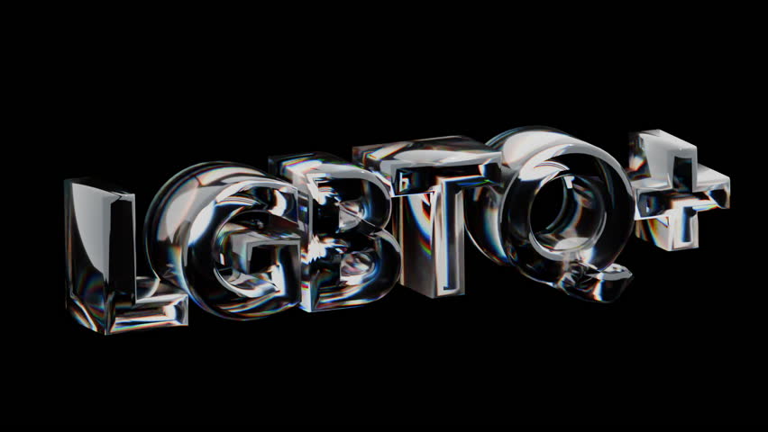 LGBTQ+ pride month glossy 3D lettering dynamic loop animation. Liquid glass LGBTQ+ text motion, dynamic typography video, lgbt support awareness celebration. Be proud be you. We exist, we resist.
