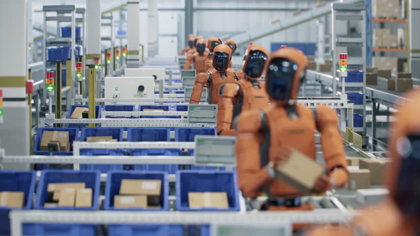 Autonomous AI-Enabled Humanoid Robots Work at Fulfillment Center.  Automated Warehouse or Logistics Center with Advanced General Purpose Robots. Robots Work in Industrial Environment
