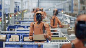 Autonomous AI-Enabled Humanoid Robots Work at Fulfillment Center.  Automated Warehouse or Logistics Center with Advanced General Purpose Robots. Robots Work in Industrial Environment - Powered by Shutterstock - Get 15% off with code: PIKWIZARD15