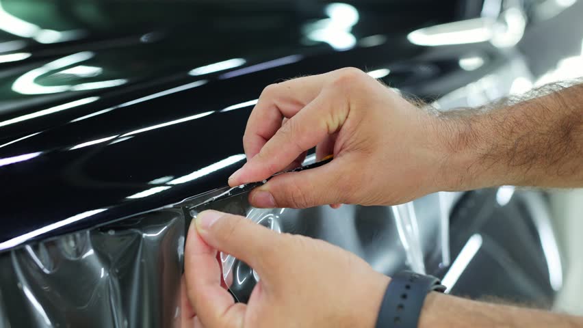 Detailer worker cuts with knife wrapped and installed PPF for car protection film on vehicle