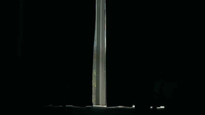 Playful slender woman quickly opening curtains in hotel room, silhouette showing graceful shape. Energetic female figure parting drapes fast with elegant posture in bright suite. Curvy shadow