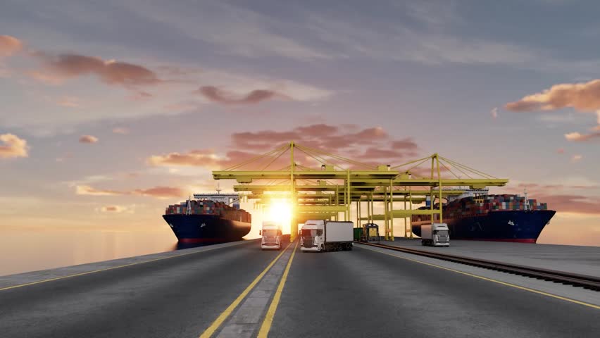 Animated 3D cargo ship carrying containers across calm sea, representing maritime logistics, international freight transport, and global shipping industry.

