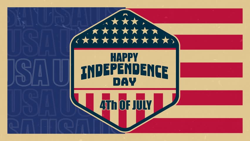 Looping 4K animation for Independence Day featuring a vintage-style badge with stars and stripes, bold "Happy Independence Day" text, and a patriotic USA background in retro colors.