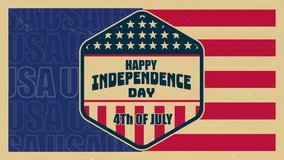 Looping 4K animation for Independence Day featuring a vintage-style badge with stars and stripes, bold "Happy Independence Day" text, and a patriotic USA background in retro colors. - Powered by Shutterstock - Get 15% off with code: PIKWIZARD15