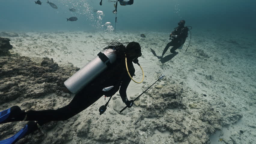 Divers tourists emerge on surface. Divers with rising bubbles show OK gesture in clear ocean water. Positive sportsmen with scuba masks dive enjoying underwater journey on vacation. Extreme sports