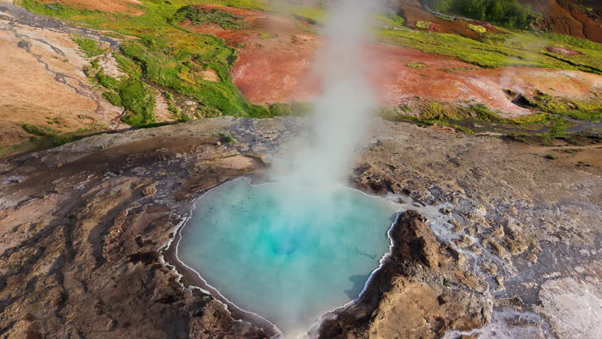 aerial of a vibrant hot spring in its natural setting. Geysir. Iceland