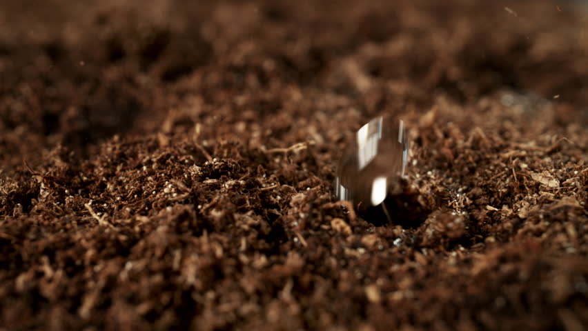 Super Slow Motion Detail Shot of Wated Drops Falling and Splashing on Soil Substrate at 1000fps.