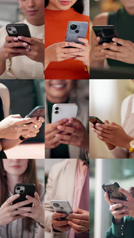 Hands, diversity and people for montage with phone for communication, social media and chat. Happy, women and typing with mobile for research, email feedback and browsing website at variety location