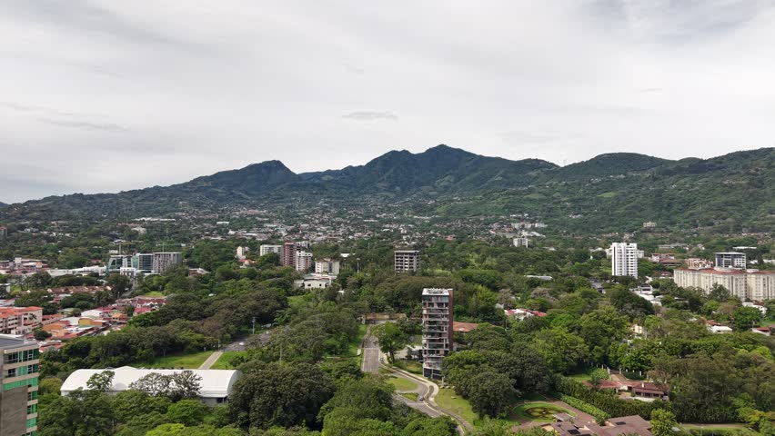 Aerial video of San Jose Capital city of Costa Rica during day light