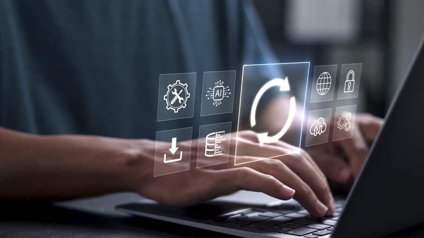 Software update or operating system upgrade concept. Installing update process, Improved functionality in the new version and improved security. 