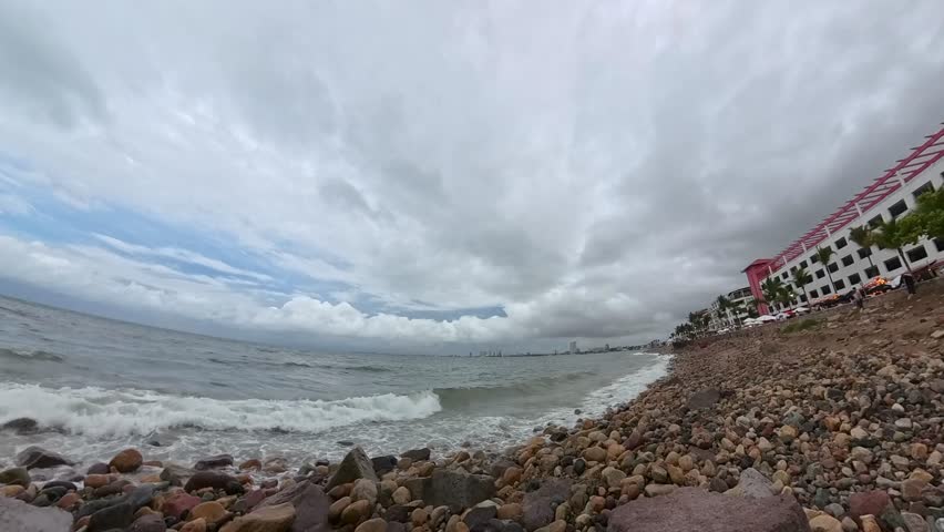 beack rocks sea sky sunset clouds rain 4K relax city 