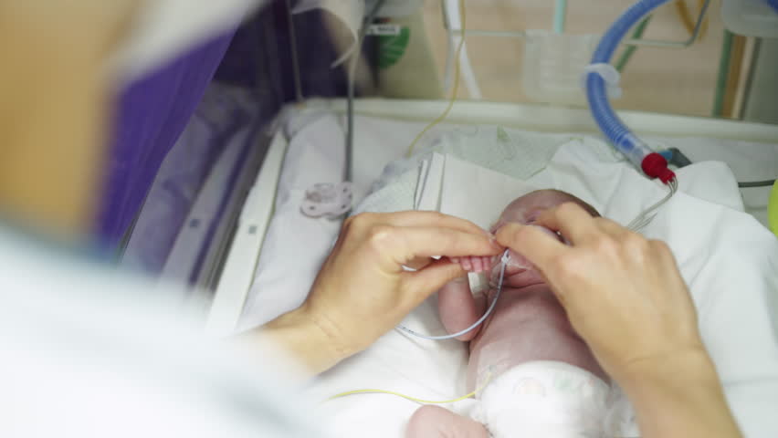 A premature baby lies in an incubator, hand held by an adult. The infant has medical equipment attached while resting on white linens.
