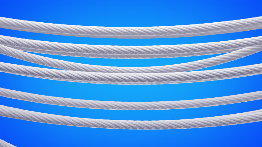 White fiber ropes twist dynamically in front of camera, close-up view against clean blue background in 3D loop.
