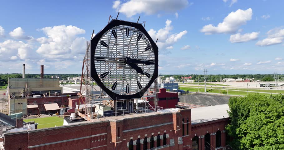 Historic Clock Tower with Louisville Skyline in the Background – Southern Indiana Landmark in Clarksville and Jeffersonville, Indiana | 4k UHD Drone View