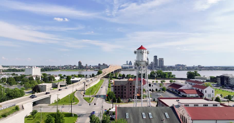 Clarksville Water Tower with Second Street Bridge and Louisville Skyline in Background | 4k UHD Drone View