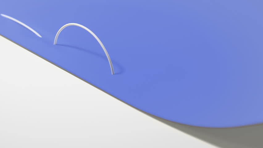 A clean 3D animation showing a white thread stitching through blue and gray fabric layers. Camera tracks diagonally as the thread sews smoothly.