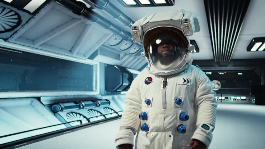 Scientist wearing helmet walking in cutting edge spaceship, doing cosmic voyage in solar system. African american astronaut wearing cosmonaut gear aboard orbital station, camera A