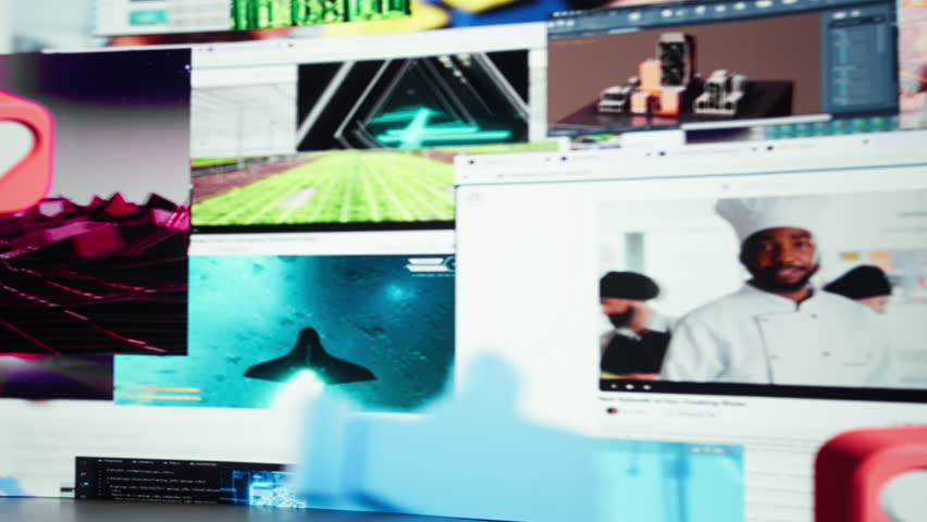 Visualization of unlimited video streaming service content library on dynamic media wall filled with viral clips. Concept of new entertainment focused digital age lifestyle