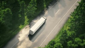 White truck drives on forest highway, gradually entering a blue digital scan overlay. Aerial camera slowly rises as forest becomes stylized digital mesh. - Powered by Shutterstock - Get 15% off with code: PIKWIZARD15