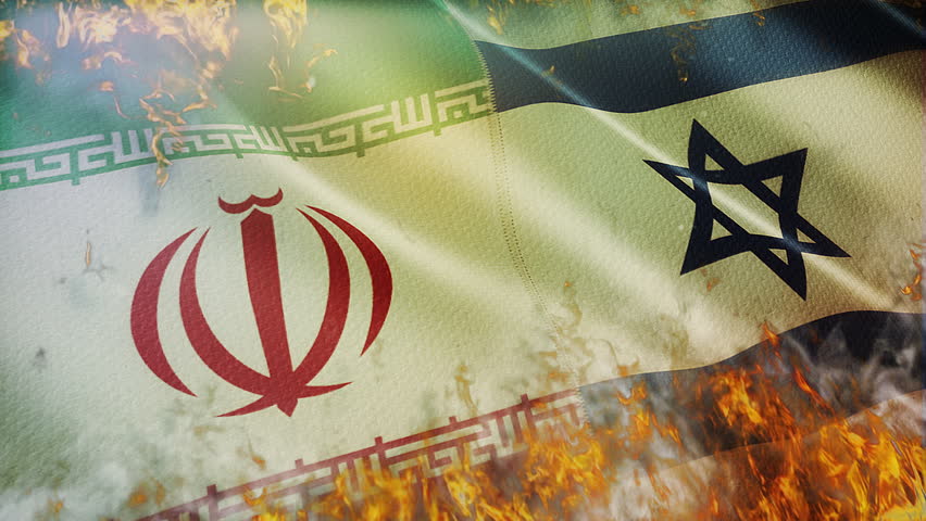 The diagonal and stitched-aligned combined Iran and Israel flags are waving in the wind. Concept of Strategic negotiation, national relationship, Conflict, and War. 4K Loop Motion Animation.
