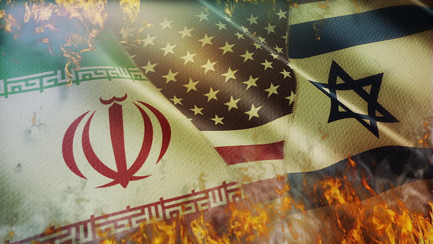 Stitched and combined Iran, USA, and Israel flags are waving in the wind and also burning. Concept of Strategic negotiation, national relationship, Conflict, and War. 4K Loop Motion Animation.
