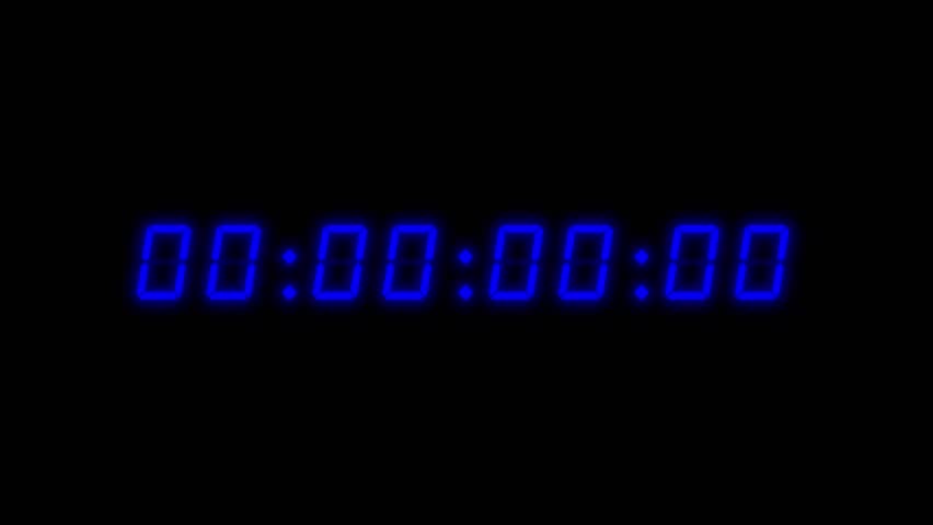 8-digits, green glowing text of 60 seconds (1 minute) digital clock countdown timer. Retro blue digits on black background. Retro digital alarm clock