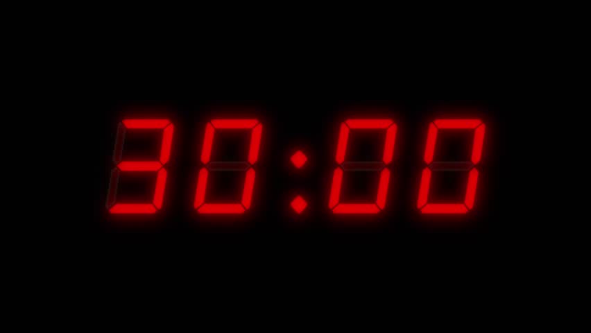 4-digits 30 seconds digital clock countdown timer. Red digits on black background. Retro digital alarm clock with glow and flashing