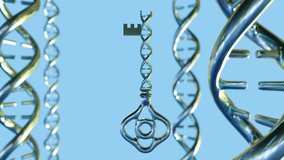 A 3d animation of silver key with a double helix structure resembling a DNA strand and rotating silver DNA strand in the background. - Powered by Shutterstock - Get 15% off with code: PIKWIZARD15