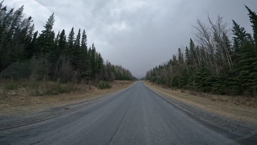 POV - Driving on Alaska Highway under heavy cloud cover in early spring near Toad River, BC; concepts of big game hunting, wild fires, road less traveled and adventure travel
