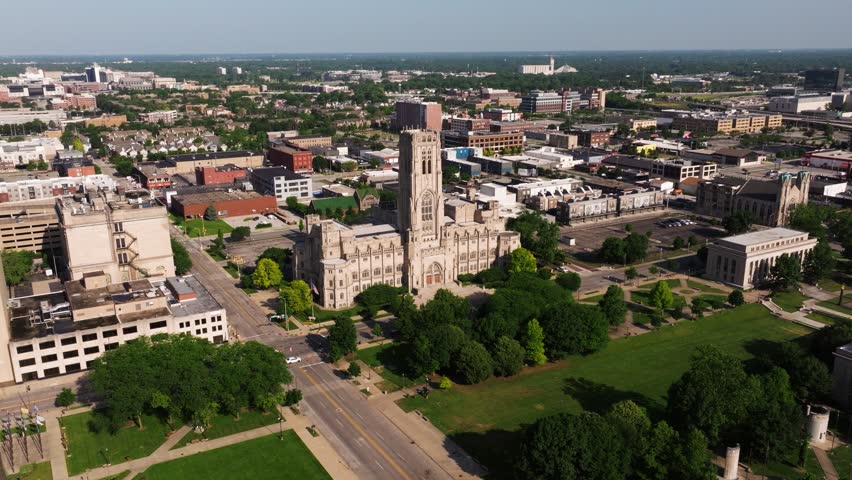 Aerial Establishing Drone Shot Above Scottish Rite Cathedral. Indianapolis, Indiana